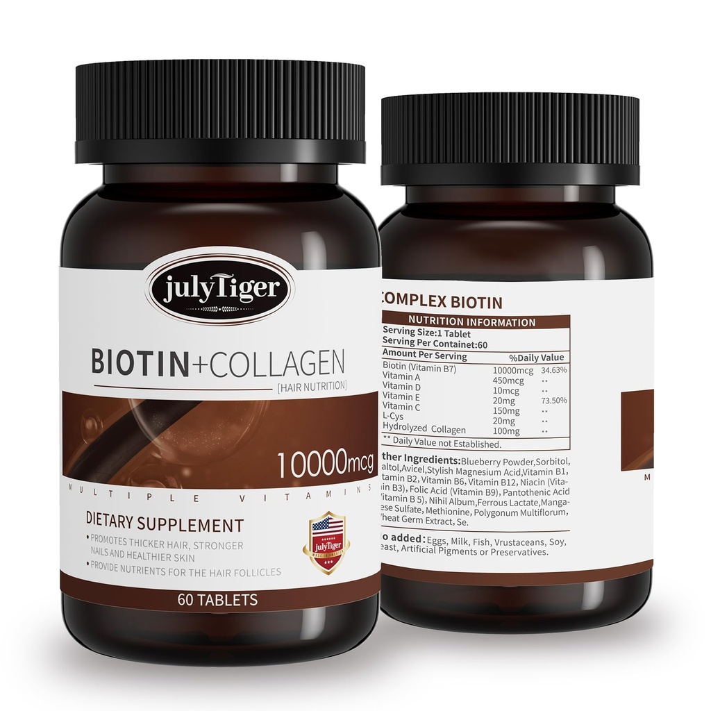 julytiger Biotin 10,000mcg with Collagen Supplement, Biotin (Vitamin B7) for Healthy Skin and Nails,biotin Collagen peptide, for Women and Men - Vegan, Non-GMO, Gluten & Soy-Free - 60 Tablets