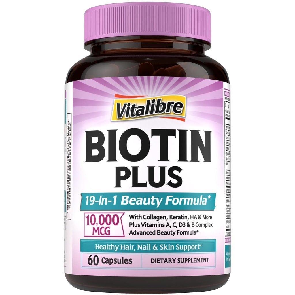 Vitalibre Biotin 10000mcg, Vitamin B7, Hydrolyzed Keratin, Hyaluronic Acid, Collagen, Amino Acids, MSM, Vitamins A, C, D3, B Complex, Hair, Nail, Skin, for Women & Men, 60 Caps
