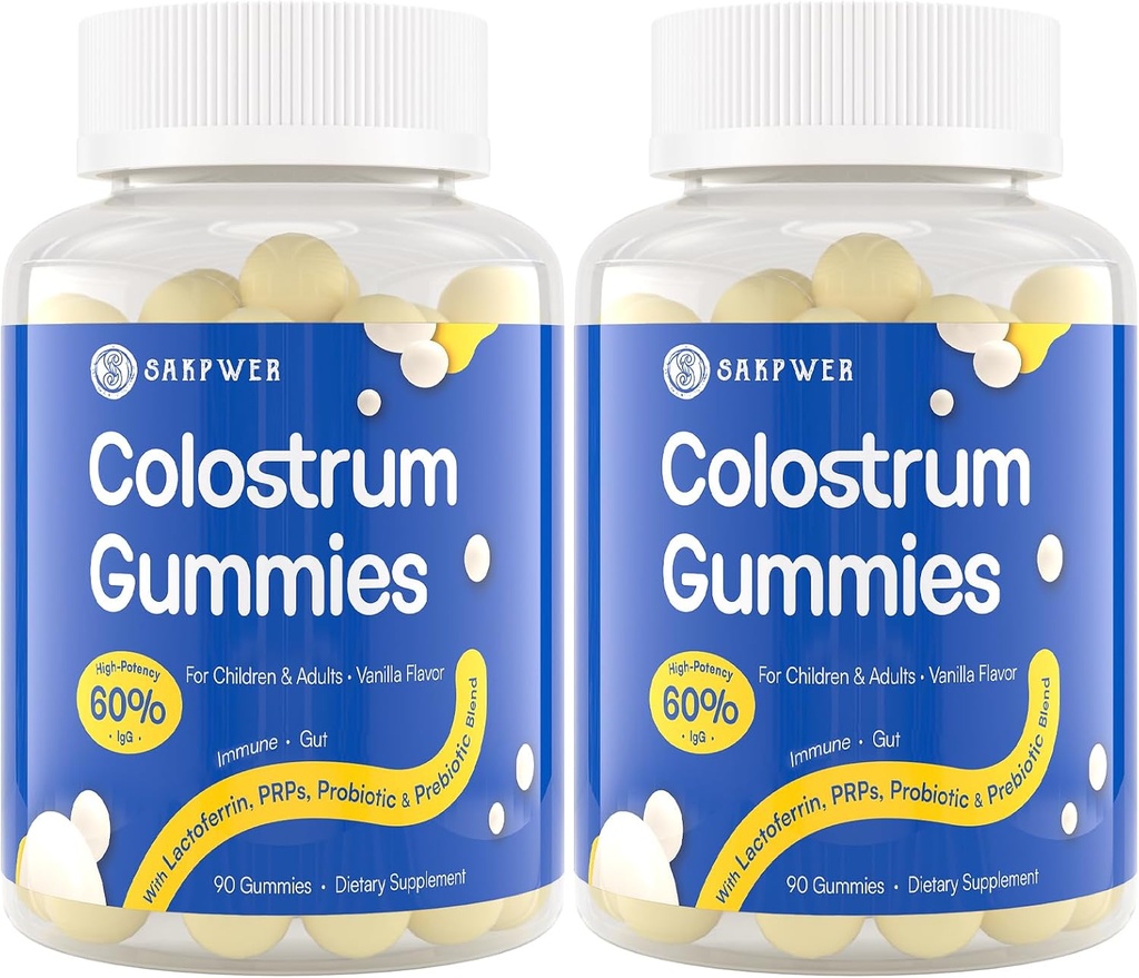 Bovine Colostrum supplement Gummies - with 600% Highest IgG, Lactoferrin, Probiotics and Prebiotics for Adults and Kids, Vanilla Flavor ' Sugar Free, 2 Pack