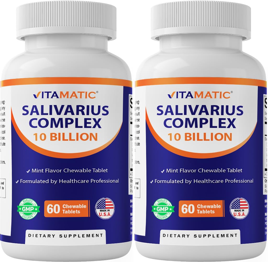 Vitamatic Salivarius Complex 10 Billion Chewable Mint Flavored Tablet - 60 Count - Oral Health Chewable Probiotics + Prebiotics - Supports Healthy Teeth, Gums, & Better Breath-2 Pack
