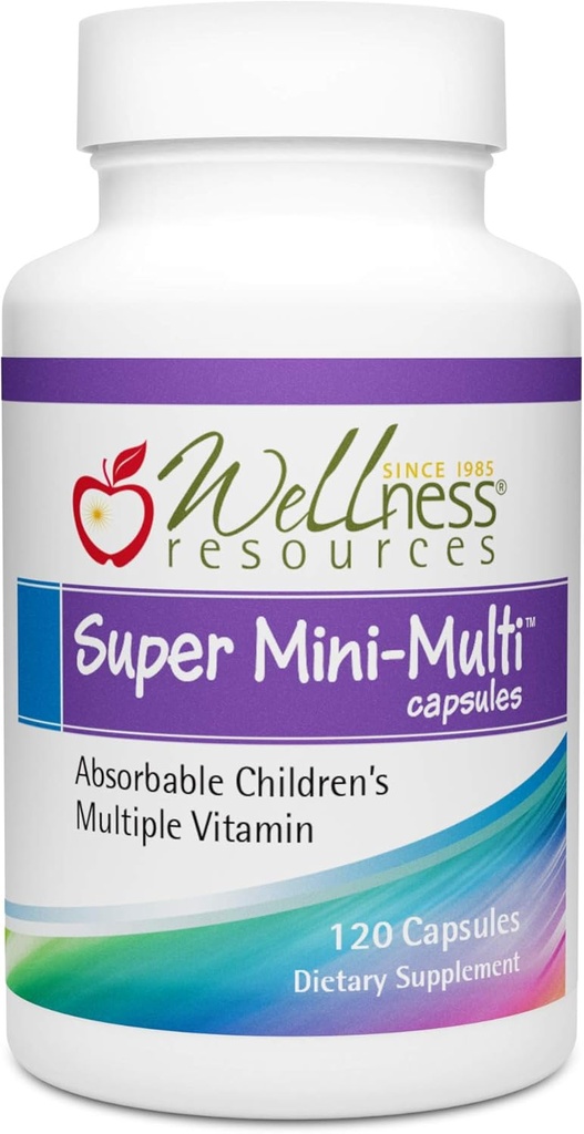 Super Mini- Multivitaminové kapsle pro děti s methylfolátem, methyl B12 a vitamíny koenzymu B pro růst, soustředění, zdraví mozku (120 kapslí)