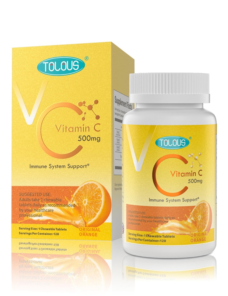 500mg Vitamin C, 120 Chewable Tablets, 60 Day Supply, Supplement for Immune Support, Gluten-Free, Orange Flavor, 1 Pack