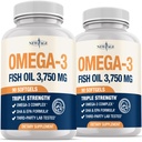 Triple Strength Omega 3 Fish Oil 3750 mg - EPA & DHA - Over 3000mg Omega-3 Fatty Acids - 1350mg EPA + 900mg DHA - Best Essential Fatty Acids, Burpless Fish Oil - 180 Count