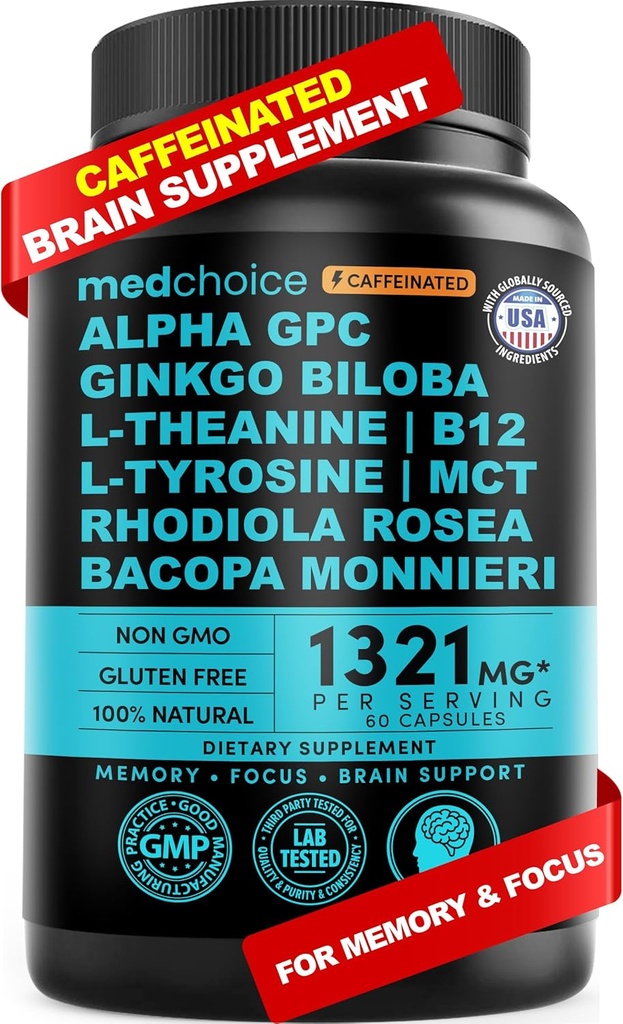 Caffeine Anhydrous를 가진 12에서 1 Nootropic 뇌 보충교재: 뇌 지원, 기억 및 초점을 위한 Ginkgo Biloba - B12, 알파 GPC, L Theanine 및 Choline는 1321mg (60ct)를 가진 Bioperine를 가진 보충교재를 보충합니다