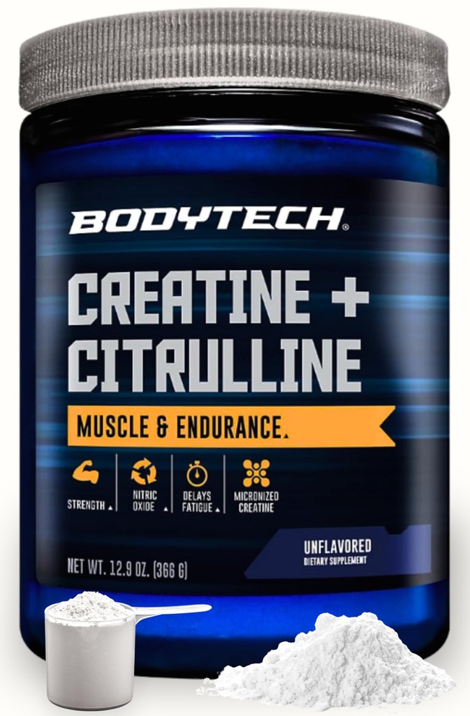 BodyTech Creatine + Citrulline Powder, Supports Strength, Pumps & Endurance, Pre Workout Supplement for Men & Women, Unflavored, 12.9 Oz, 30 Servings
