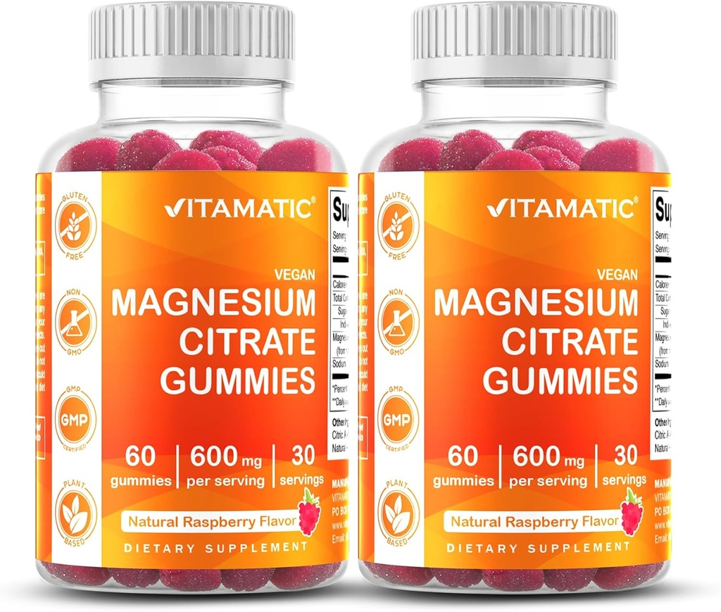 Vitamatic Magnesium Citrate Gummies 600mg на сервірування - 60 Count - Promotes Здоровий релаксація, м'язи, бон, та підтримка енергії (Pack of 2)
