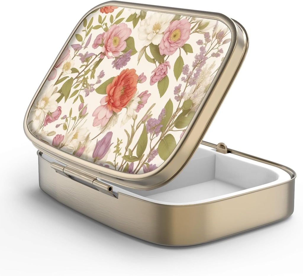 Pill Case Pill Box with Mirror Retro 2 Compartiment Petite Pill Case for Purse or Pocket Bronze Pill Box or Vitamines, Huile de poisson, Suppléments, Pill Containe Travel Gifts (Retro Red Flowers)