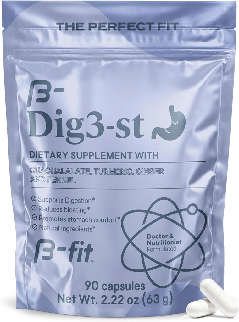 B-FIT Suplemento de herbas Digestivas - Ginger Root, Turmeric, Fennel e Cuachalalate - 60 cápsulas - 100% Fórmula natural para fácil dixestión e confort estomacal - Use antes das comidas.