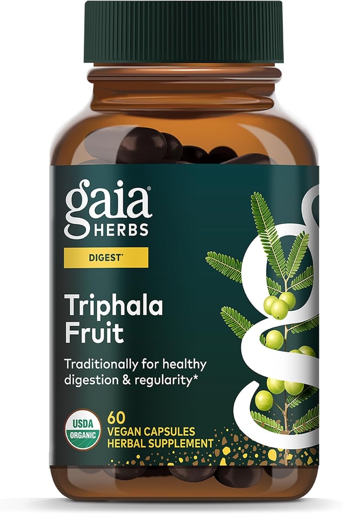 Gaia Yrds Triphala Fruit - Tukee ruoansulatusta - Hellävaraisesti puhdistaa järjestelmäsi* - Amla Fruit, Belleric Myrobalan, ja Cheblic Myrobalan - 60 vegan kapselit (30-päivä Supply)