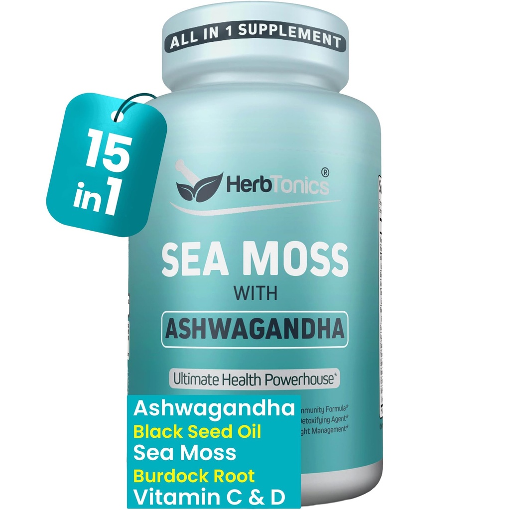 Herbtonics Sea Moss, Black Cumin Seed, Ashwagandha, Burdock Root & ACV Complex | Manage Immunity, Stress & Digestion Support | 60 Capsules (2 Capsules Per Serving)