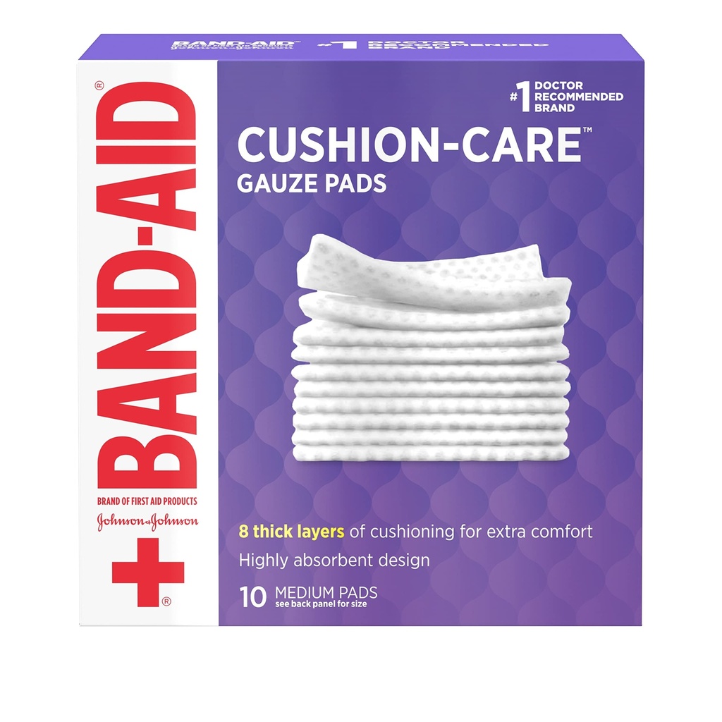 BAND-AID Brand Cushion-Care Gauze Pads, Medium Size, 3 in x 3 in, 10 Count