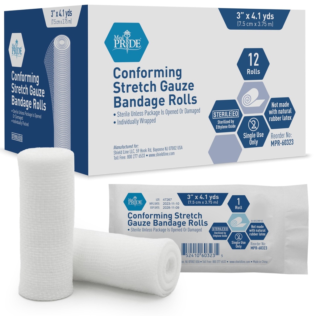 MED PRIDE Sterile Stretch Gauze Bandage,Latex-Free,3 in x 4.1 yd,12-Pack