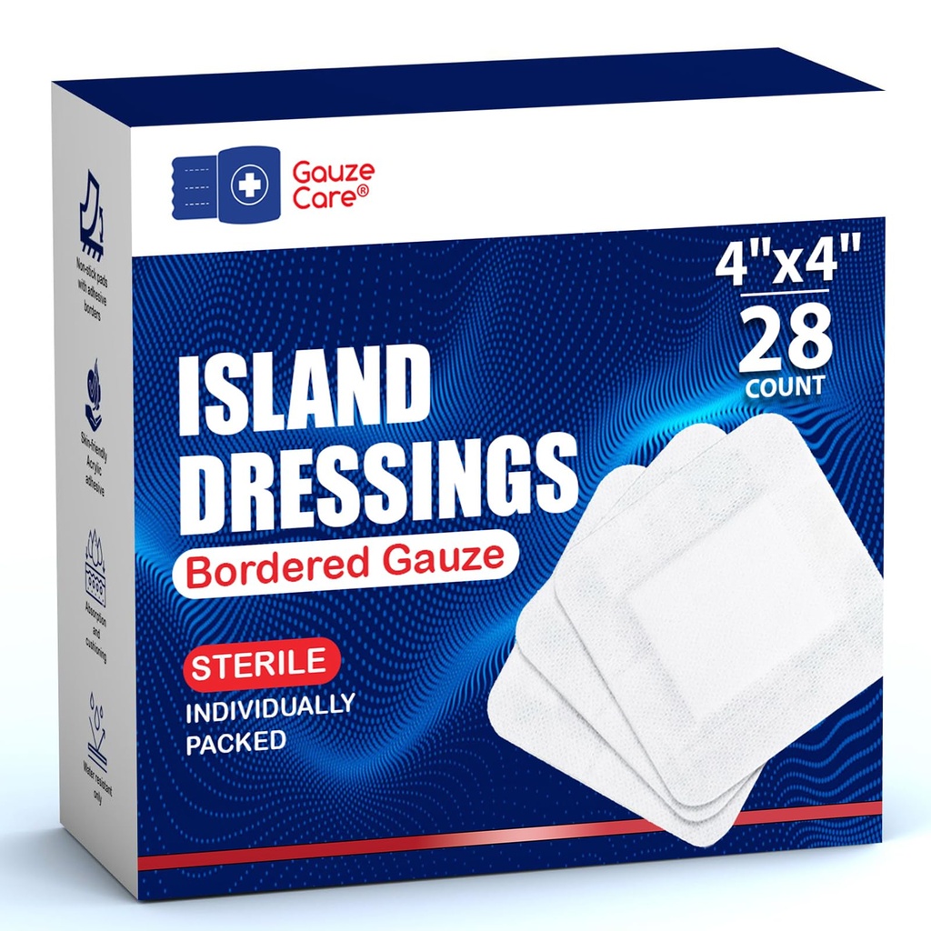 GauzeCare Island Dressing 4x4 inch 28 Pcs| Individually Packed Sterile Pouches| 2x2 Non-Stick Pad in Center with Acrylic Adhesive Borders| Water-Resistant Adhesive Pads for Wound Care and Dressing