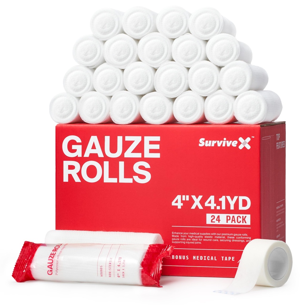 SurviveX - 4" Stretch Gauze Roll – Conforming Medical Bandage Wrap for Wound Care, First Aid, and Injury Dressing, 24 Count