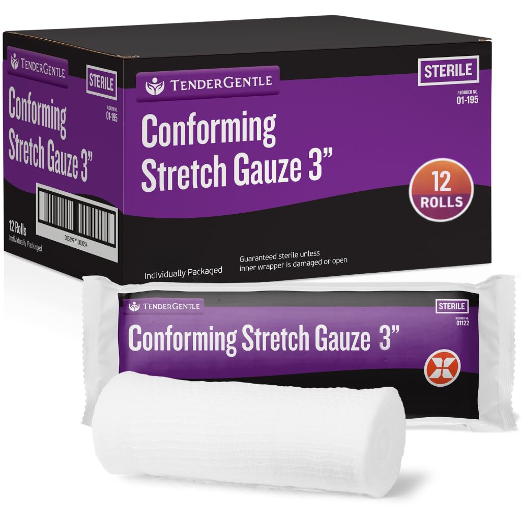Conforming Stretch Gauze Rolls 3 Inch - Pack of 12 White Sterile Gauze Wrap for Wounds - Good for Sprained Ankles, Wrists, and More