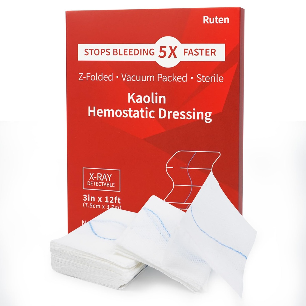 Ruten Kaolin Hemostatic Gauze – Advanced Z-Folded Clotting Dressing for Rapid Blood Stop, Combat Gauze Bandage with X-Ray Line for Emergency Trauma Care, First Aid IFAK Kits & Survival, 3in x 12ft