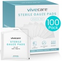 Vive Care 3x3 Sterile Gauze Pads (100 Piece) - Individually Wrapped 2-Pack Wound Dressing for Cleaning & Cushioning - Non-Adhesive Highly Absorbent Bandages