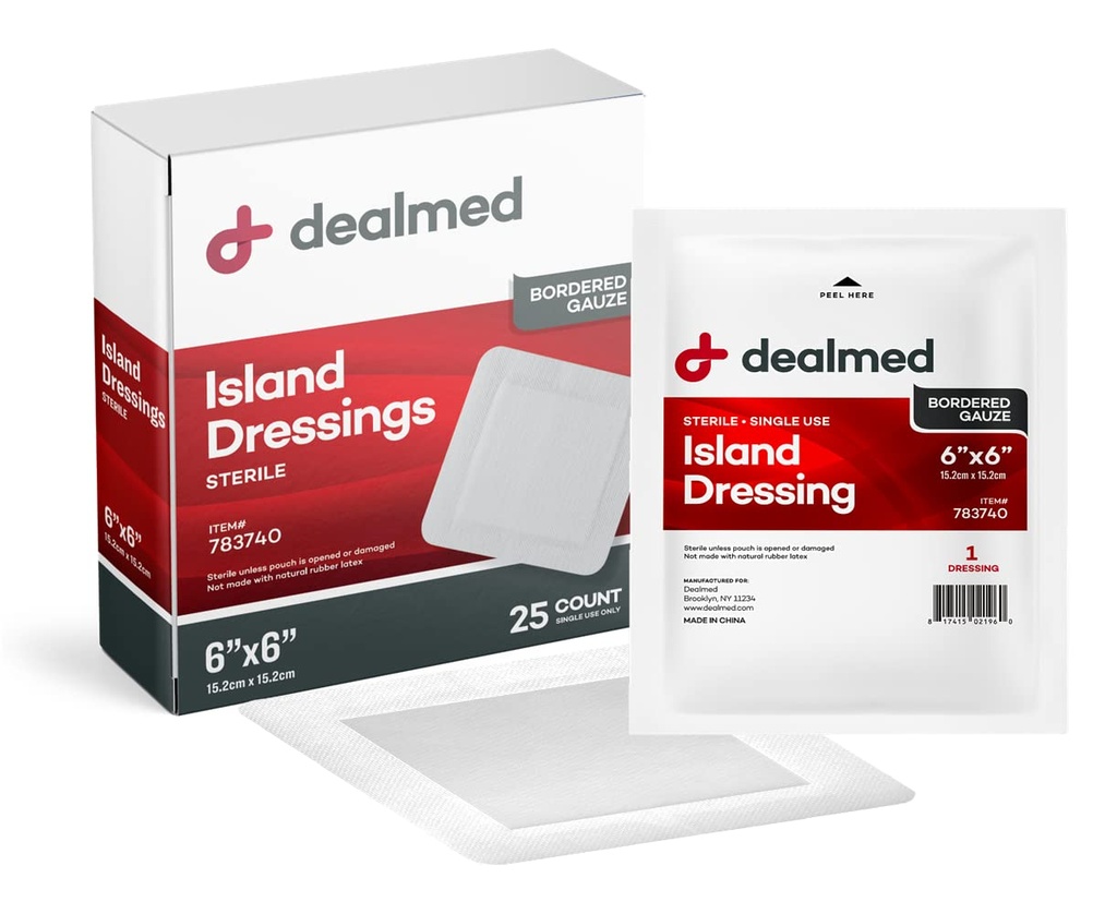 Dealmed Sterile Gauze Island Wound Dressing 6" x 6" Gauze Pads, Disposable, Latex-Free, Adhesive Borders with Non-Stick Pads First Aid Kit and Medical Facilities 25 Count