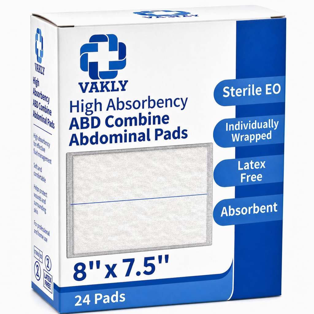 Vakly Sterile Abdominal ABD Combine Pads 8x7.5, High Absorbency Gauze, 24Pk | Non-adherent, wound dressing, first aid pads, surgical pads, post op care, trauma pads, individually wrapped, absorbent pads