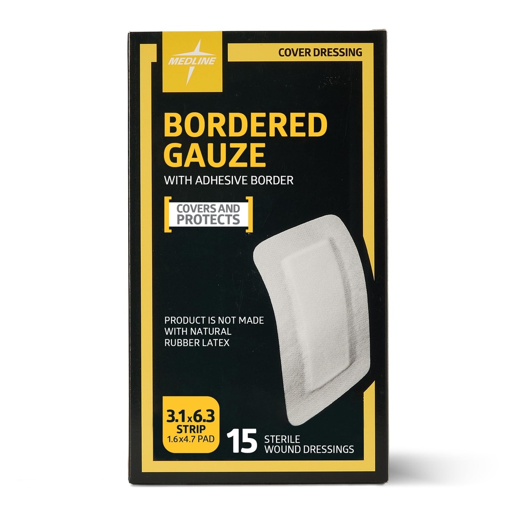 Medline Sterile Bordered Gauze, 3" x 6" with 1.5" x 4" Pad (Pack of 15)