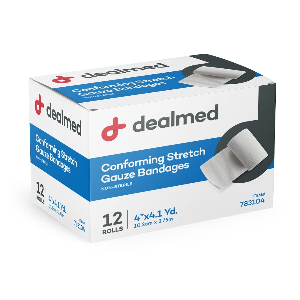 Dealmed 4" Non-Sterile Conforming Stretch Gauze Bandages, 4.1 Yards Latex Free Stretched Dressing Wrap, Medical Non-Adherent Wound Care Mesh Bandages (Box of 12 Rolls)