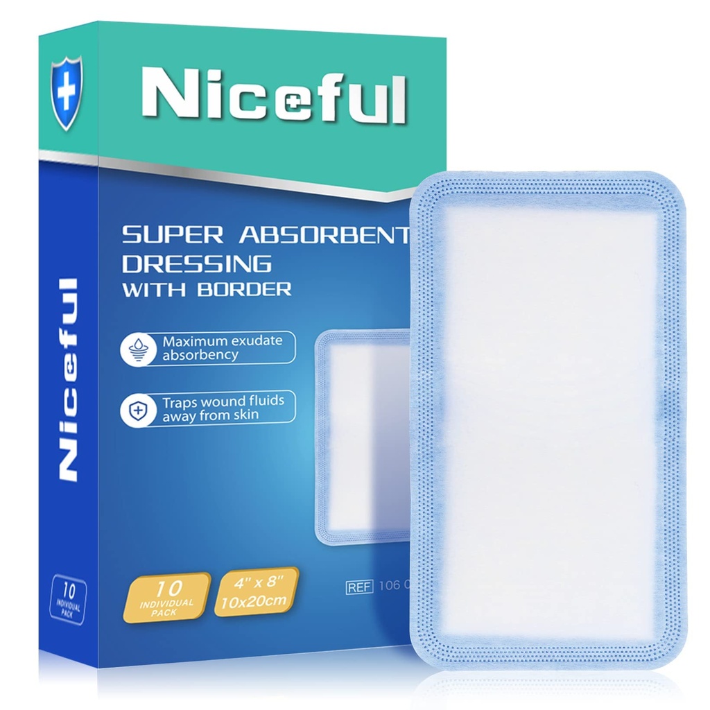 Niceful Super Absorbent Wound Dressing 4" x 8" (10 Pcs) – Sterile Non Stick Gauze Pads for Wound Care, Heavy Exudate Large Bandages for Pressure Ulcers, Bedsores, Diabetic Foot Ulcers