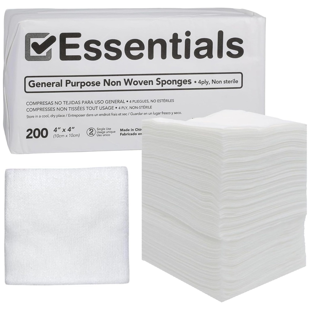 Essentials Non-Sterile Gauze Sponges - 200 Count, 4-Ply, 4'' x 4'' Pads, Non-Woven, Wound Care Product for First Aid Kit/Medical Facilities