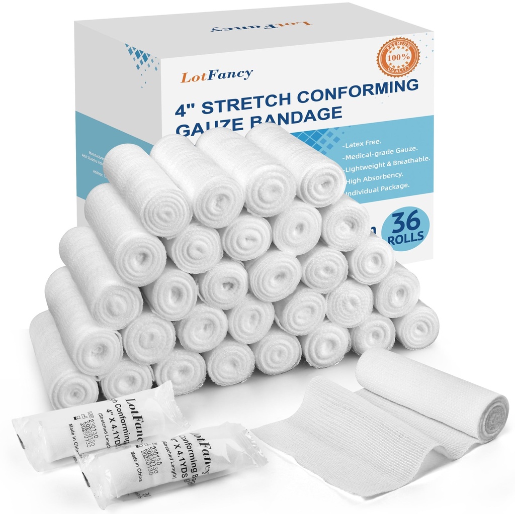 LotFancy Gauze Rolls, 36 Count, 4 Inch x 4.1 Yards, Rolled Gauze Wrap, Conforming Stretch Bandage for Wounds Care, Medical Supplies for First Aid