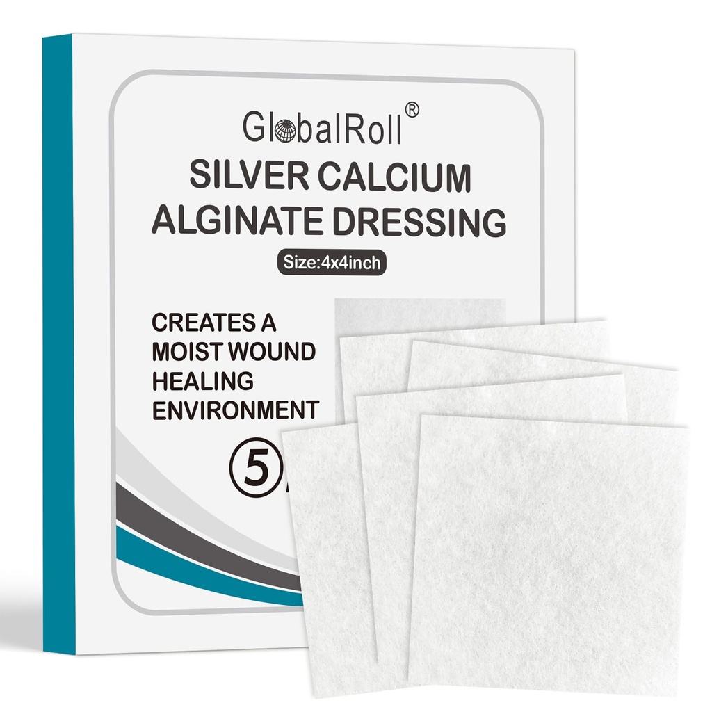 Silver Calcium Alginate Wound Dressing Pads, 4" x 4" Non Stick Gauze 5Packs Individual Wrapped Silver Dressings Highly Absorbent Sterile Bandage Pads for Wound Care