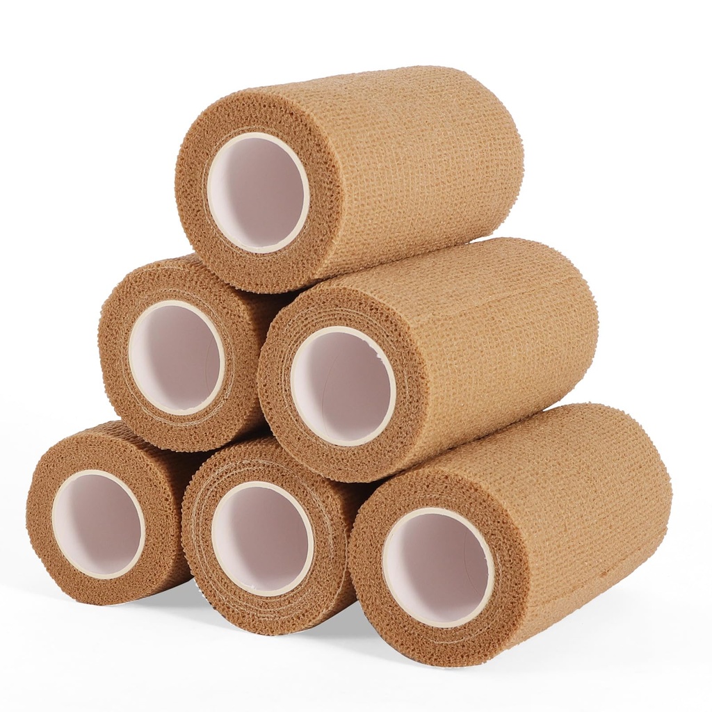 6 Rolls Elastic Self Adhesive Bandage Wrap 4 Inch, Breathable Non Woven Cohesive Bandage, Vet Wrap for Dogs, Ankle Sprains Swelling Medical First Aid Tape, Sports Athletic Tape Brown