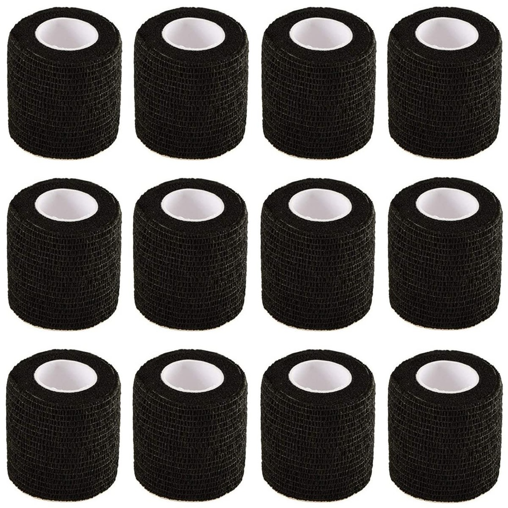Black Self Adhesive Elastic Bandage Wrap, 12 Pack 2" x 5 Yards, Stretch Self-Adherent Cohesive Bandage for First Aid, Athletic, Sports, Wrist, Ankle Sprains, Knee Swellins and Vet Wrap