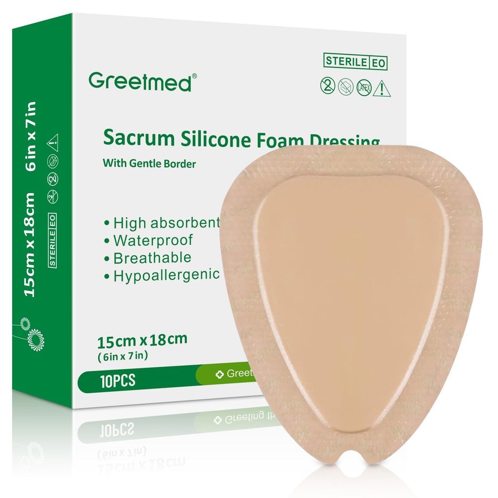 Sacrum Foam Dressing with Border Silicone Adhesive 6"x7" Waterproof Sacral Wound Dressing, High Absorbent Pads Breathable Bed Sore Pressure Wound Care Bandages 10 Packs