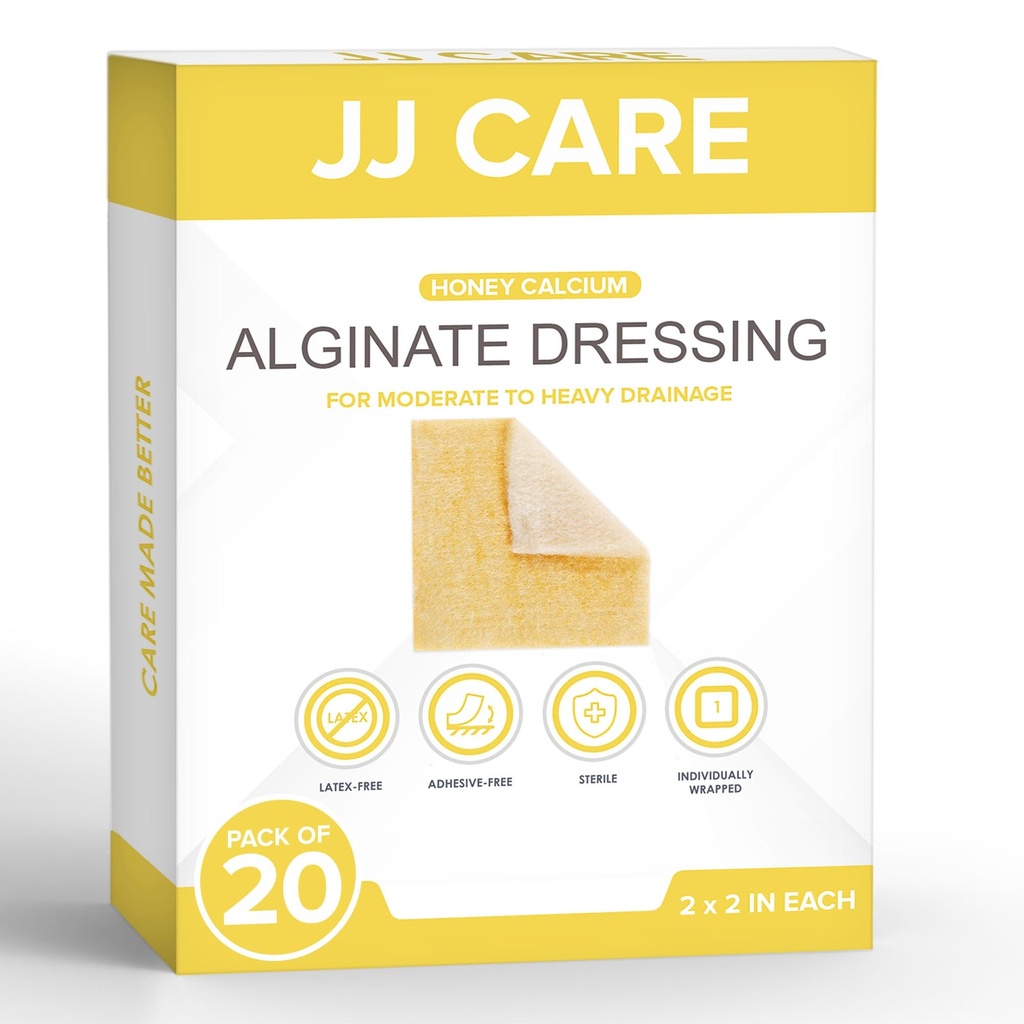 JJ CARE Honey Calcium Alginate Dressing 2”x2” [Pack of 20] Honey Wound Dressing with Calcium, Honey Patches for Faster Wound Care, Medical Grade Honey Bandages for Burns, Latex Free