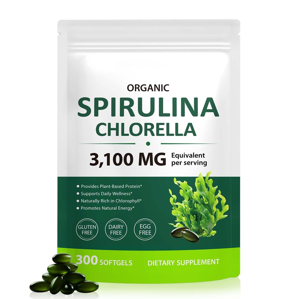 Spirulina Chlorella Capsules,17-in-1 Supergreens Blend Rich in Protein, Chlorophyll, Vitamins, Supports Energy, Immune & Gut Health, Easy Absorption,300 Softgels
