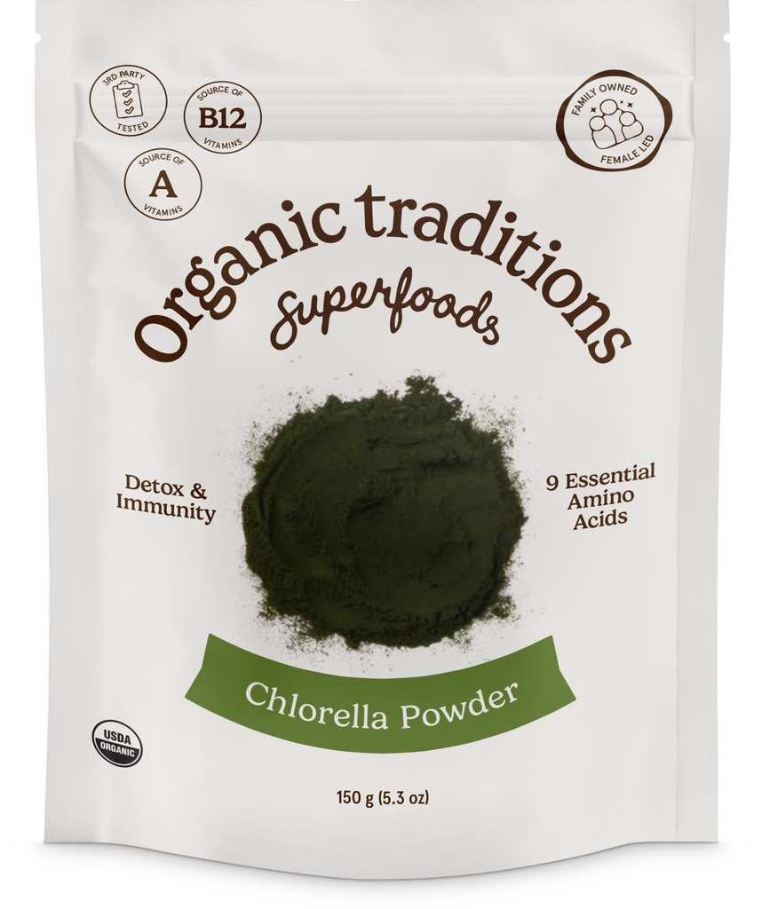 Organic Traditions Chlorella Powder, Broken Cell Wall Algae with Plant Based Protein, Essential Amino Acids, Chlorophyll & Nutrients, Eenergy Drink, Non GMO Superfood for Daily Blends, 150g/5.3oz Bag
