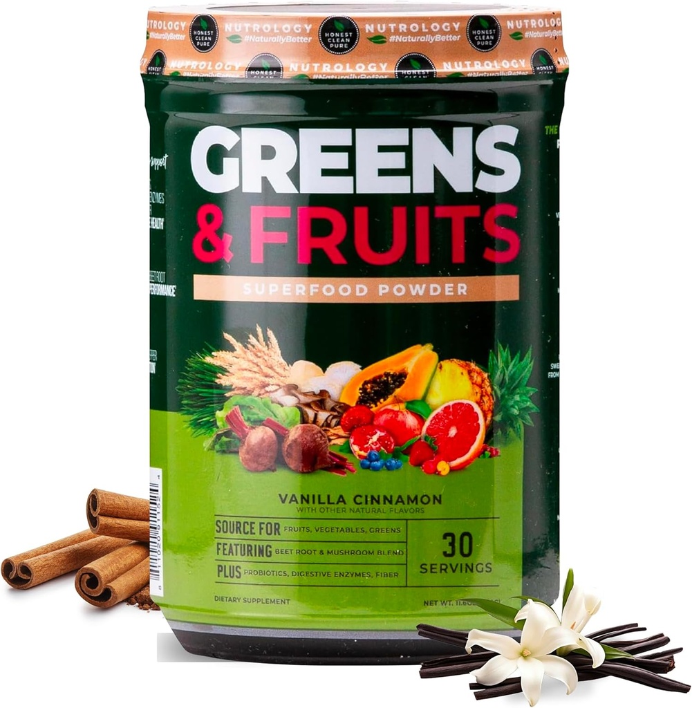 Nutrology Greens & Fruits Powder-Naturally Sourced Superfood, Beet Powder, Mushroom Blend, Probiotika, Digestive Enzymes, Fiber, Antioxidanter, Immune Support, Gluten Free - Vanilla Cinnamon