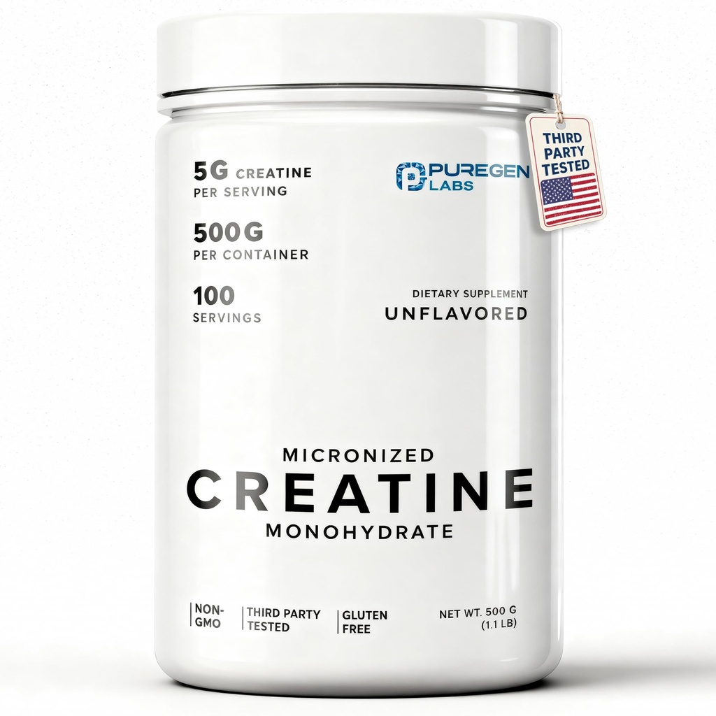 Puregen Labs Micronized Creatine Monohydrate Powder 500g – Pure, Unflavored, No Additives | 5000mg Per Serv (5g) - 100 Servings | Third Party Tested for Quality