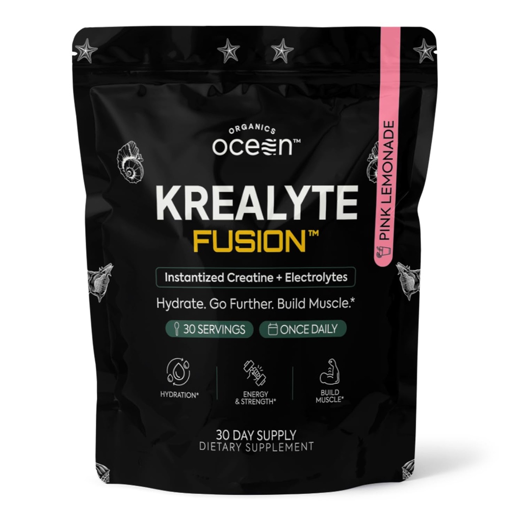 Organics Ocean Krealyte Fusion - Instantized Creatine Monohydrate Powder with Electrolytes - Muscle Strength, Endurance & Hydration Support - Vegan, Sugar-Free, Pink Lemonade Flavor - 30 Servings