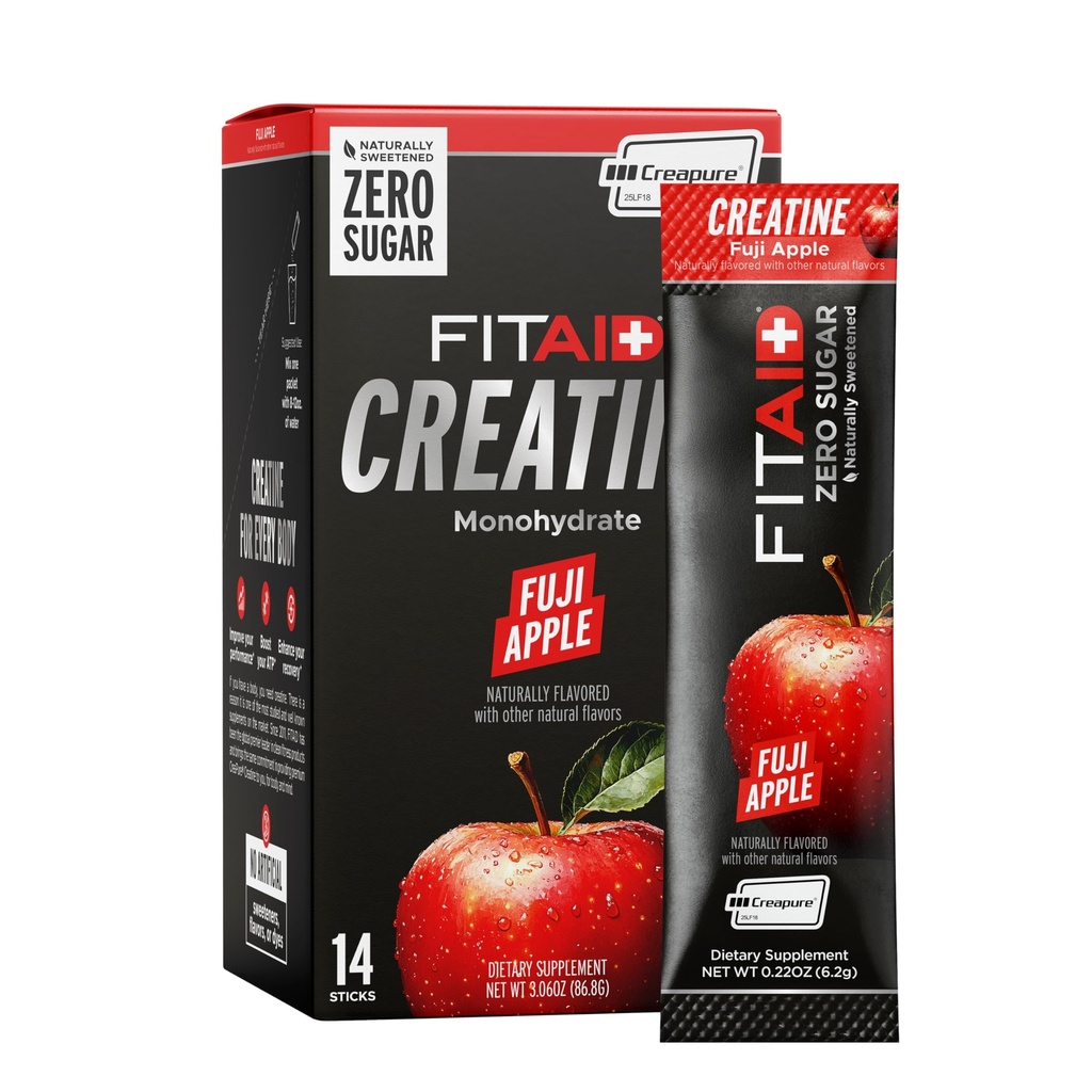 FITAID Creatine Monohydrate Powder with CreaPure®, Fuji Apple Flavor, 14 Single-Serve Packs, Pure Creatine for Women & Men, Pre Workout Supplement for ATP, Easy-Mix, Zero Sugar, Creatina Monohidratada
