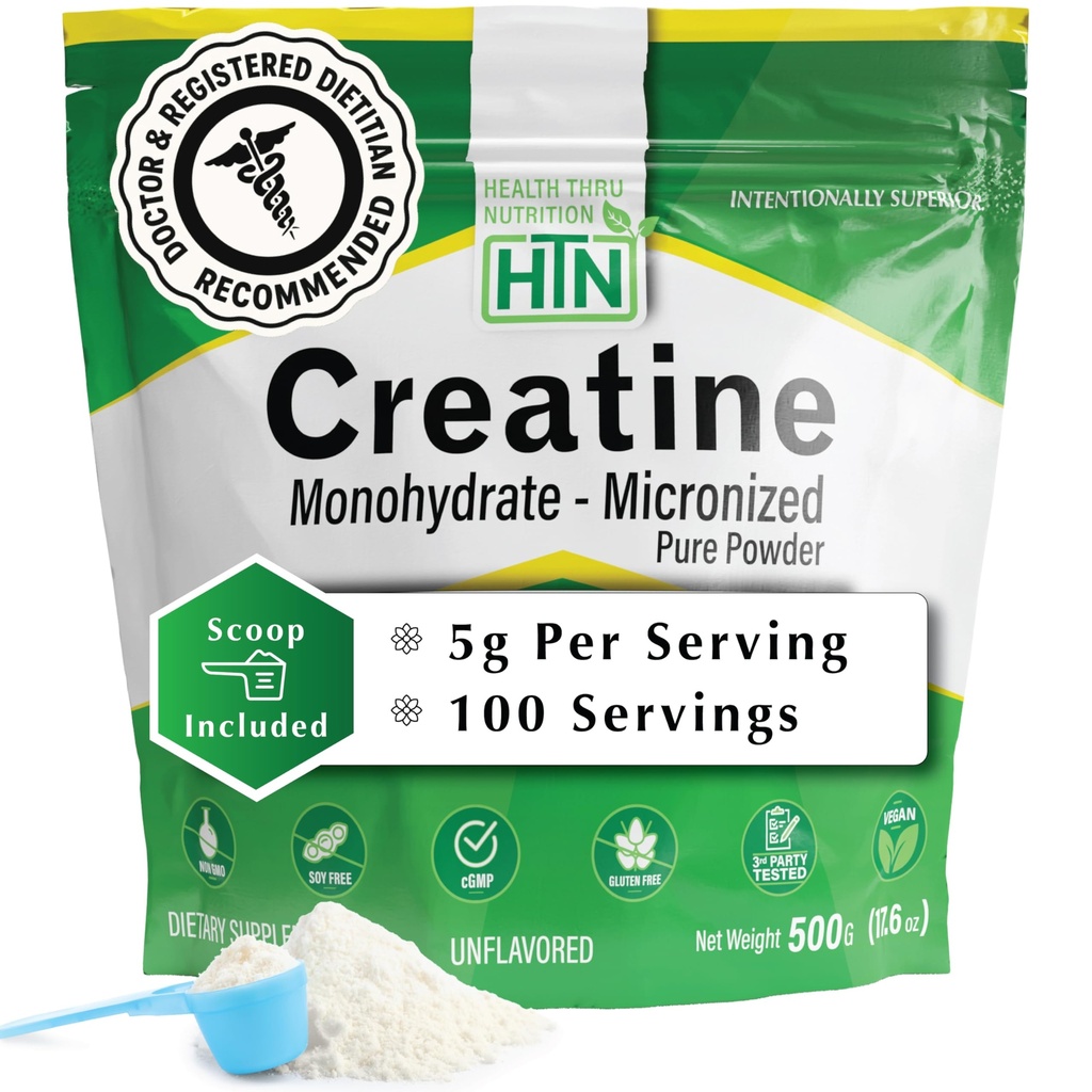 Health Thru Nutrition Creatine Monohydrate Micronized Powder – 500g Pure Unflavored – 5g Per Scoop – Workout Support, Muscle Fuel and Recovery Bulk Supplement | Non-GMO, Vegan