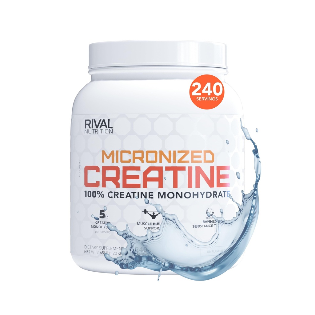 RIVAL NUTRITION Micronized Creatine I 100% Creatine Monohydrate Powder I Unflavored, 240 Servings, 1200g per container I 5g Per Serving I Supports Muscle Performance, Lean Mass, and Cognitive Function