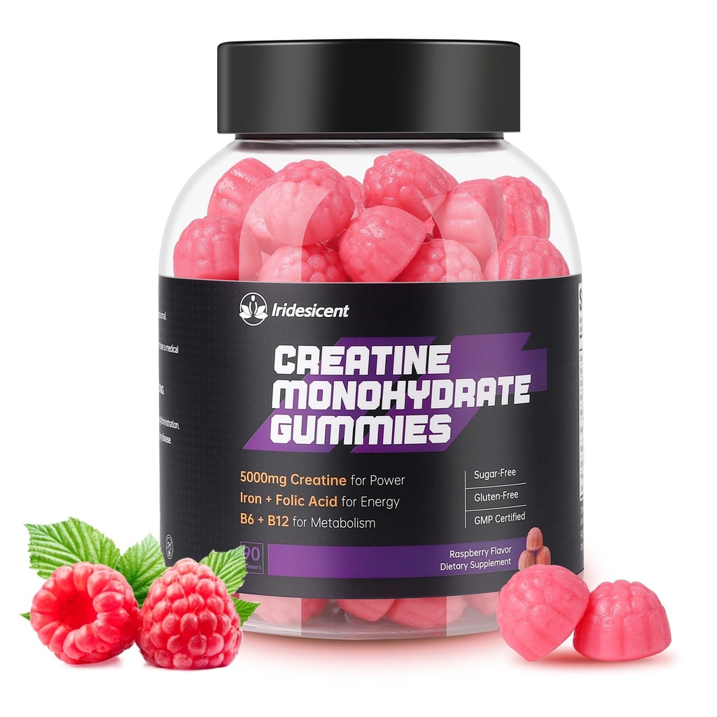 Creatine Monohydrate Gummies 5000mg w/Iron, Vitamin B6 & B12, Sugar Free 5g Creatine Supplements for Women and Men Boost Energy & Muscle Recovery - 90 Raspberry Gummies