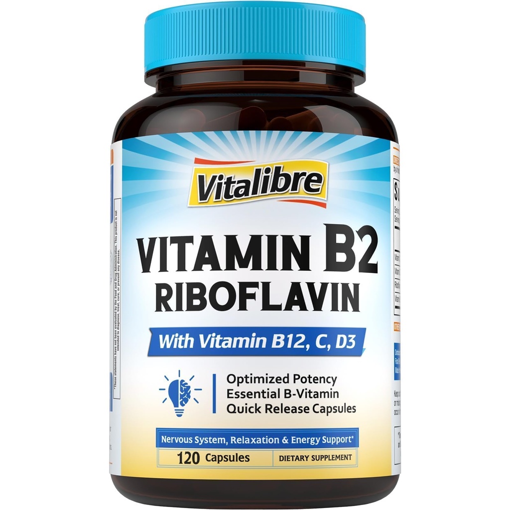 Vitamin B2 400 mg, Riboflavin, Essential Daily B Vitamin, Easily Absorbed Form, with B12, D3, VC, 120 Capsules