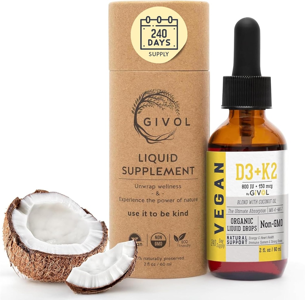 D3-vitamiini + K2-nestetippa (MK4 & MK7) Organic Fractionated Coconut Oil, Plant-Based, Gluteeniton, Dairy-Free, Soy-free, Nut-Free - High Potency, Derived from Lichen & Natto, 2oz 240 Days Supply