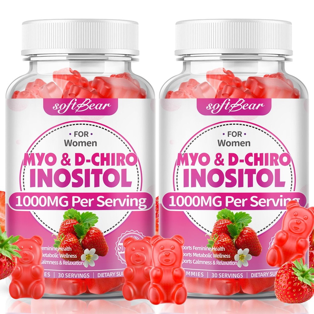 softbear Inositol Supplement for Women, Myo-Inositol & D-Chiro Inositol Gummies 1000mg with Vitamin D3 for POCS Support & Female Wellness, Sugar-Free/Veagn/GMO-Free, Strawberry Flavor, 120 Count