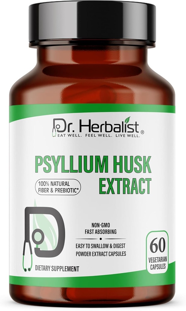Dr. HERBALIST Psyllium Husk Extract 1000mg Per Serving (Plantago Ovata Fiber Supplement) - 60 Kapsułek Veg - Szybka absorpcja, Delikatny na stomach, Podtrzymuje trawienie i Codzienne Fiber.