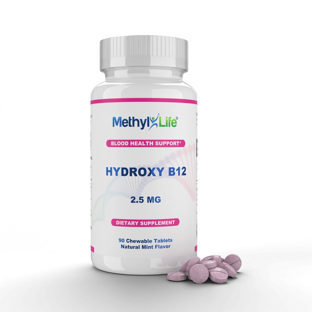 Methyl-Life® Hydroxy B12 Sublingual Tablets – Gentle, Vitamin B12 Supplement for Daily Energy & Cellular Support – Vegan, Non-GMO, Gluten & Top 14 Allergen Free | 90 Chewable Tablets