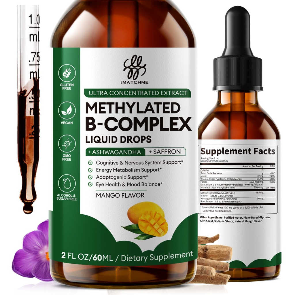 iMATCHME Methylated B-Complex Liquid Drops | Active B12 (Methylcobalamin), L-5-MTHF Folate & B6 | Ashwagandha & Saffron | Energy, Focus & Brain Support | Vegan, 2 Fl Oz