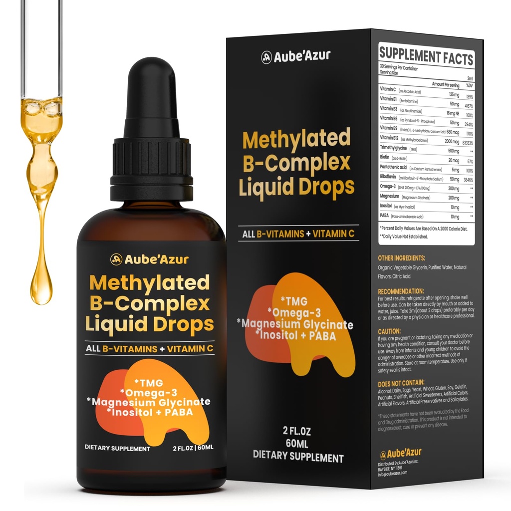 Methylated B Complex Liquid Drop, Liquid B Complex Vitamins for Women, with Methyl B12, Methylfolate, B1, B3, B5, B6, B7, C, Omega-3, Inositol, Magnesium, TMG Supplement for Energy Support, 2 FL OZ