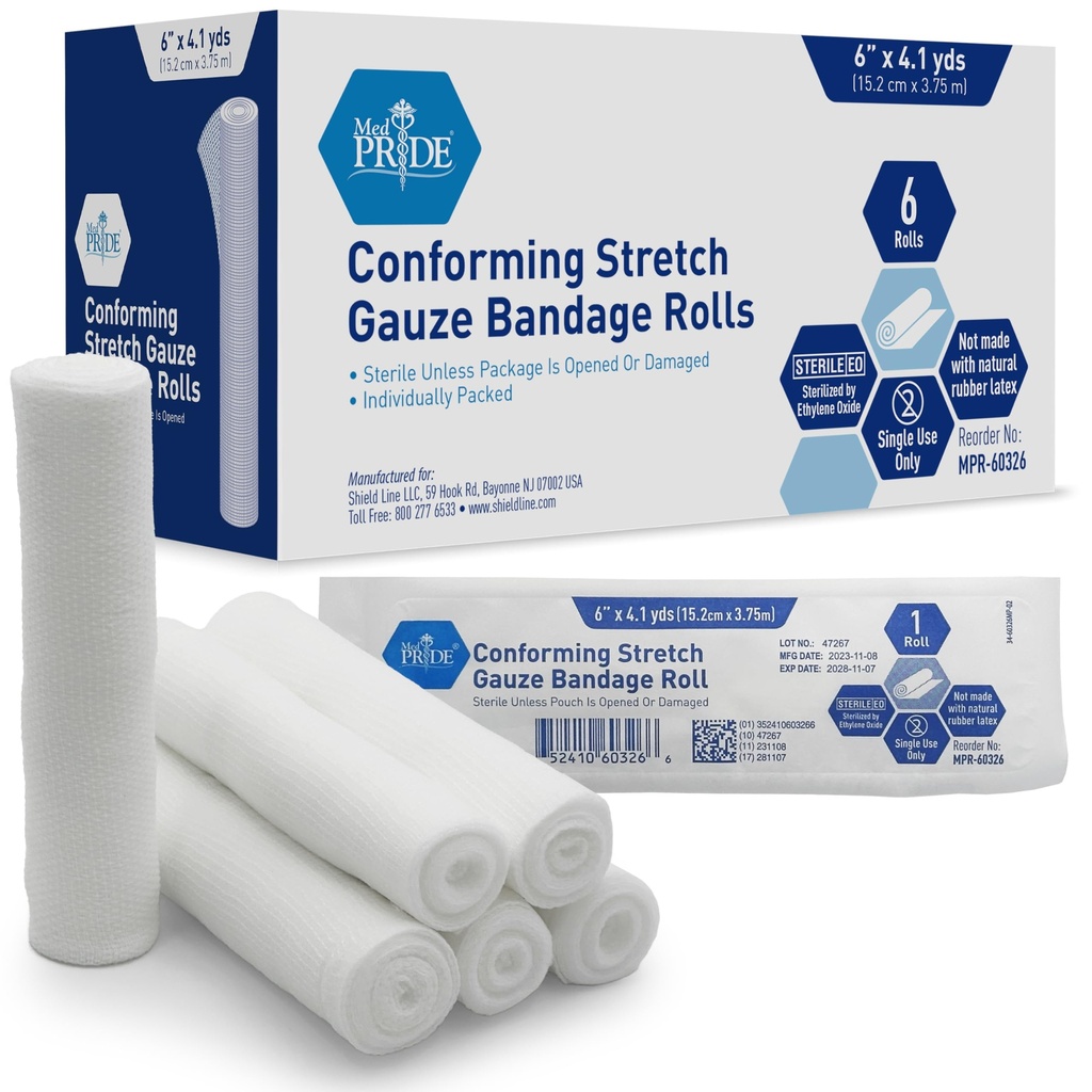 MED PRIDE Sterile Stretch Gauze Roll Latex-Free Non-Adherent Roller Bandage for Wound Care Soft and Elastic (6x147.6 Inch (Pack of 6))